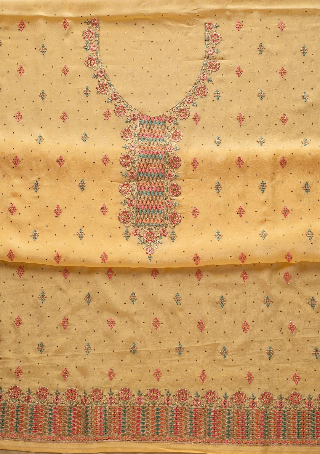 Yellow Threadwork Semi Crepe Designer Semi-Stitched Salwar Suit - koskii