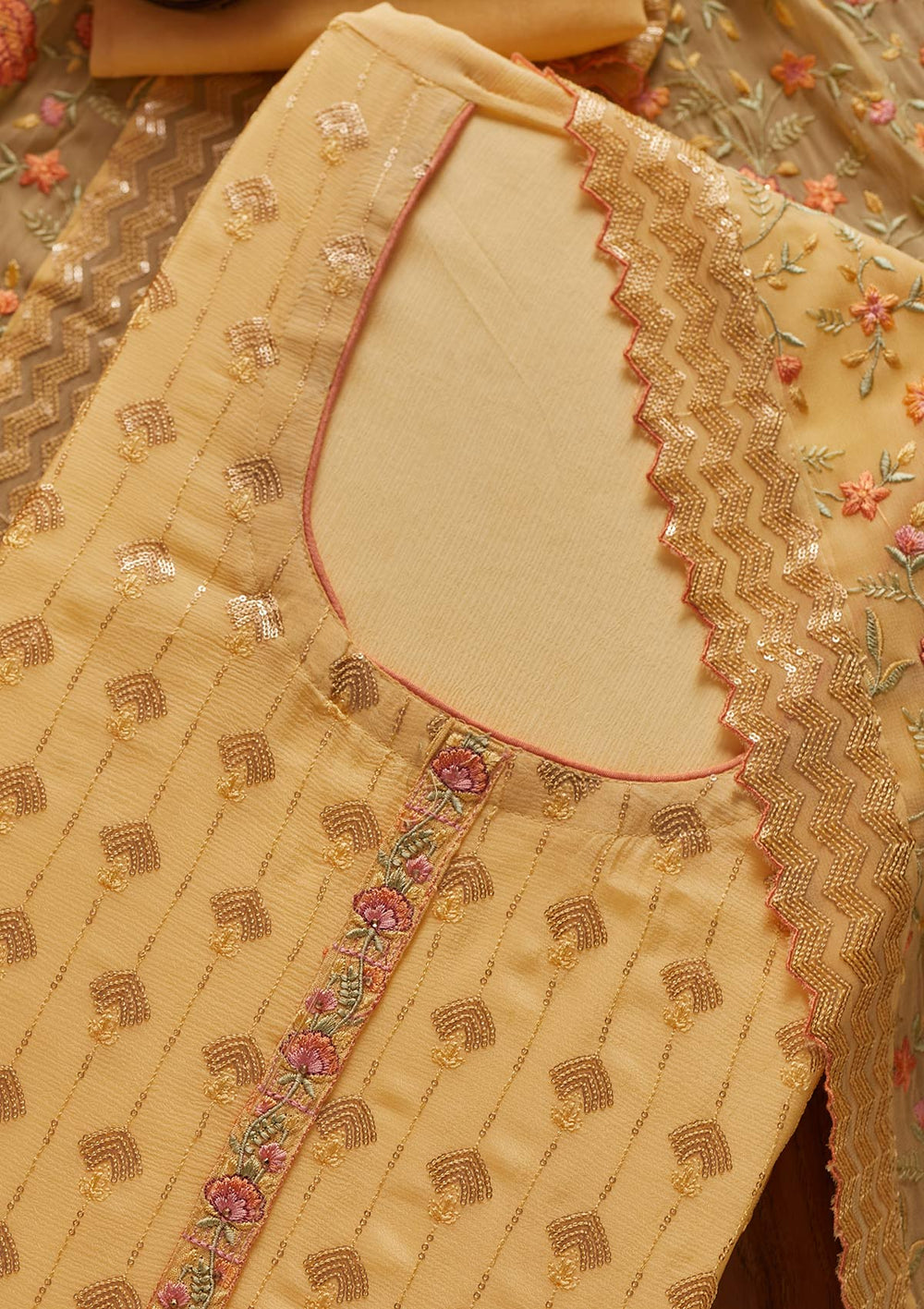 Yellow Threadwork Semi Crepe Designer Unstitched Salwar Suit - koskii