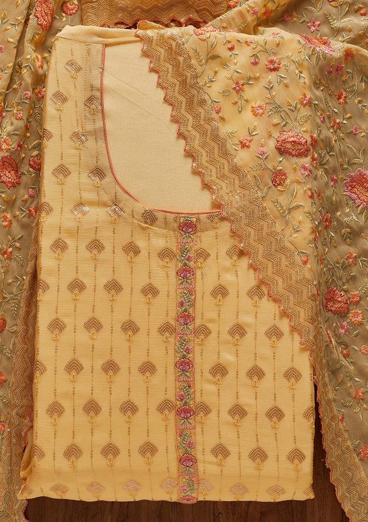 Yellow Threadwork Semi Crepe Designer Unstitched Salwar Suit - koskii