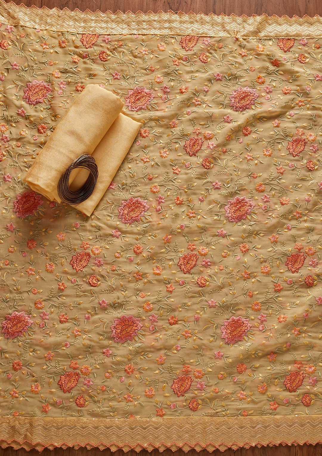 Yellow Threadwork Semi Crepe Designer Unstitched Salwar Suit - koskii