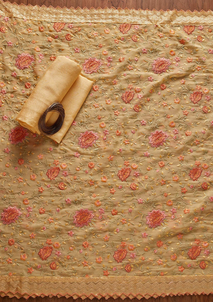 Yellow Threadwork Semi Crepe Designer Unstitched Salwar Suit - koskii
