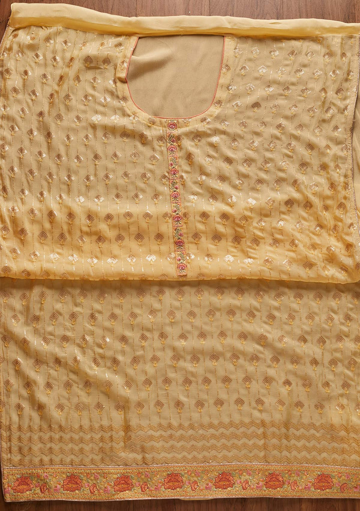 Yellow Threadwork Semi Crepe Designer Unstitched Salwar Suit - koskii