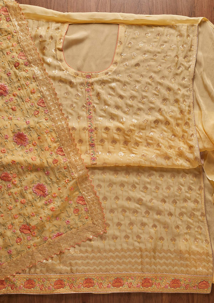 Yellow Threadwork Semi Crepe Designer Unstitched Salwar Suit - koskii