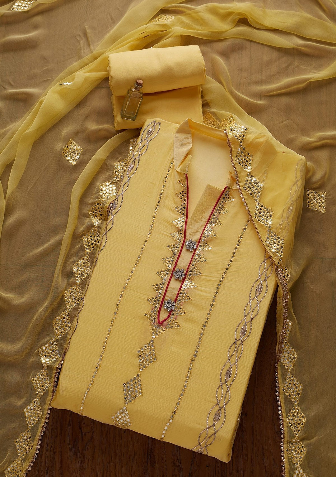 Yellow Threadwork Semi Crepe Designer Unstitched Salwar Suit - koskii