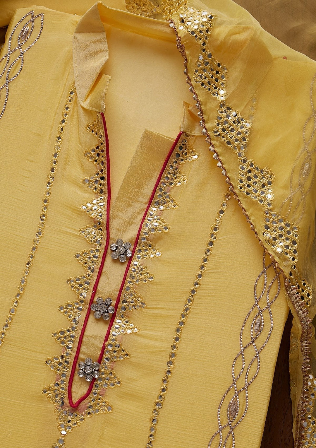 Yellow Threadwork Semi Crepe Designer Unstitched Salwar Suit - koskii