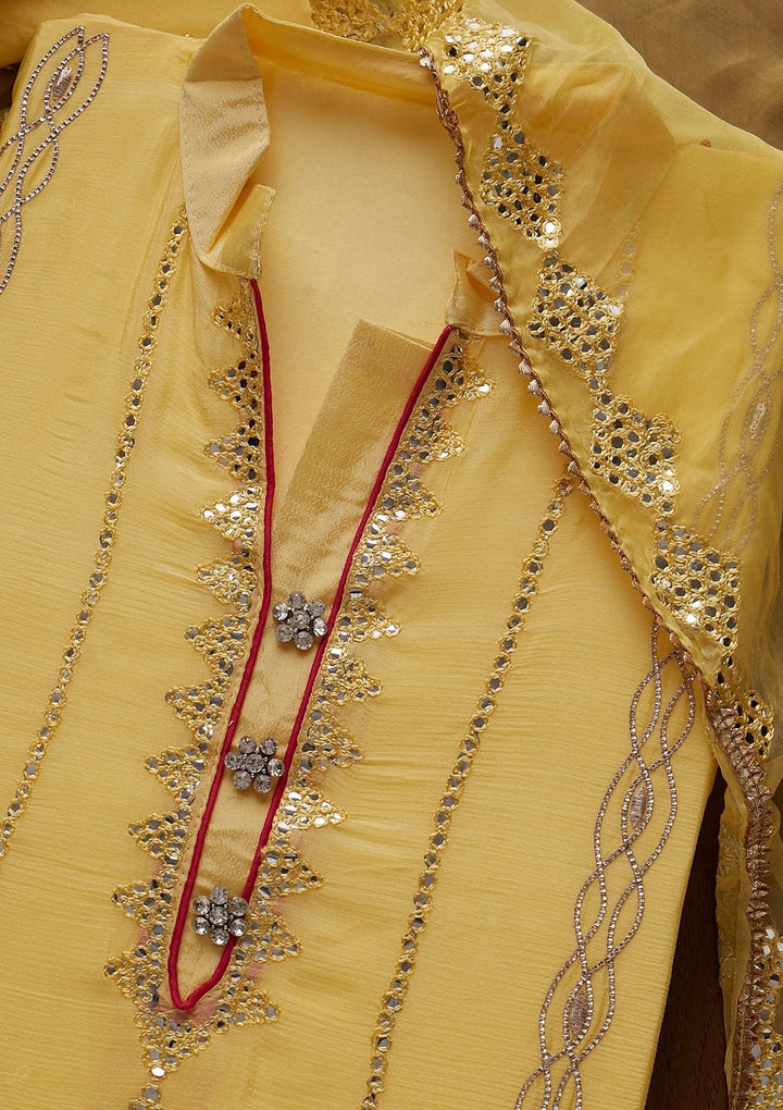 Yellow Threadwork Semi Crepe Designer Unstitched Salwar Suit - koskii