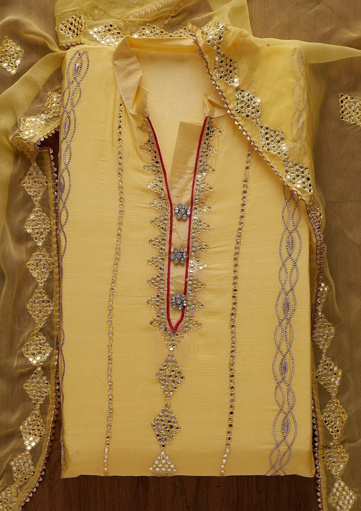 Yellow Threadwork Semi Crepe Designer Unstitched Salwar Suit - koskii
