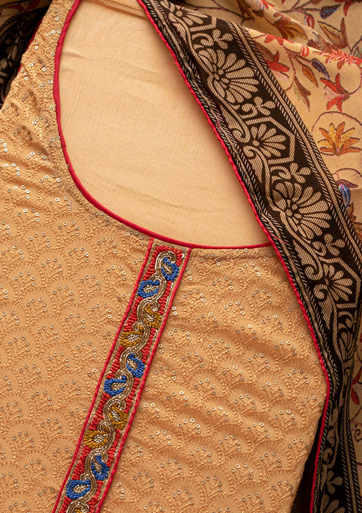 Yellow Threadwork Semi Crepe Designer Unstitched Salwar Suit - Koskii