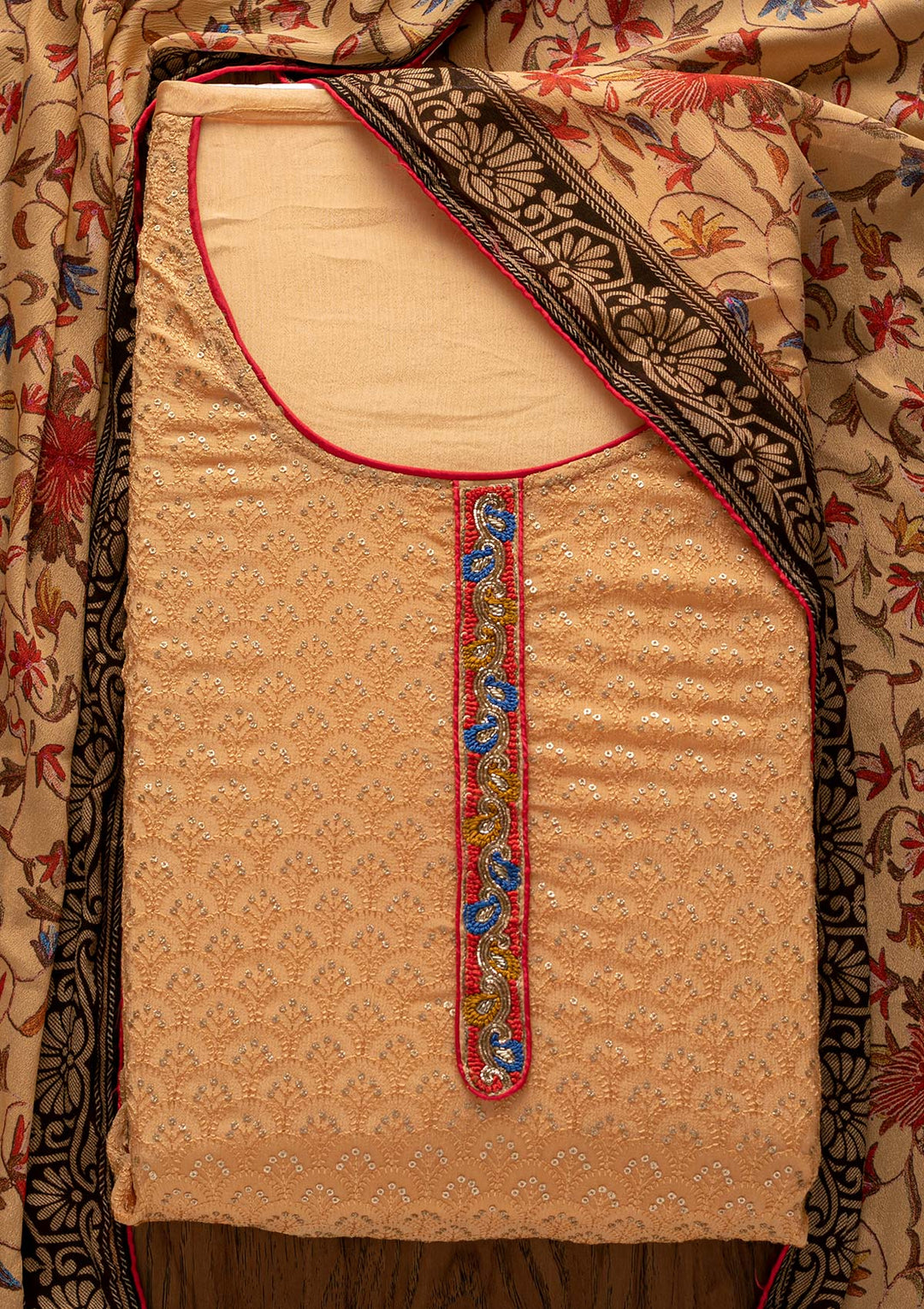 Yellow Threadwork Semi Crepe Designer Unstitched Salwar Suit - Koskii