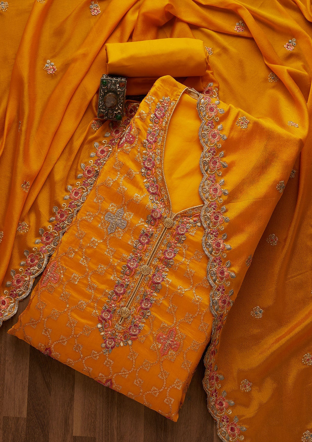 Yellow Threadwork Semi Crepe Unstitched Salwar Suit-Koskii