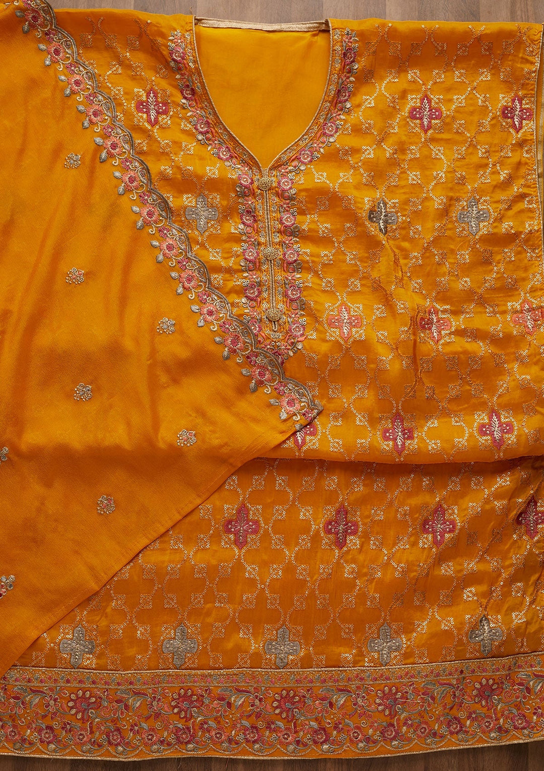 Yellow Threadwork Semi Crepe Unstitched Salwar Suit-Koskii