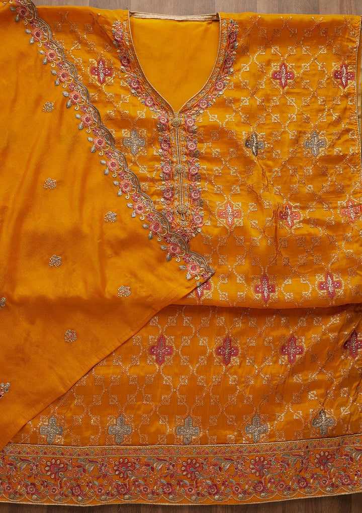 Yellow Threadwork Semi Crepe Unstitched Salwar Suit-Koskii