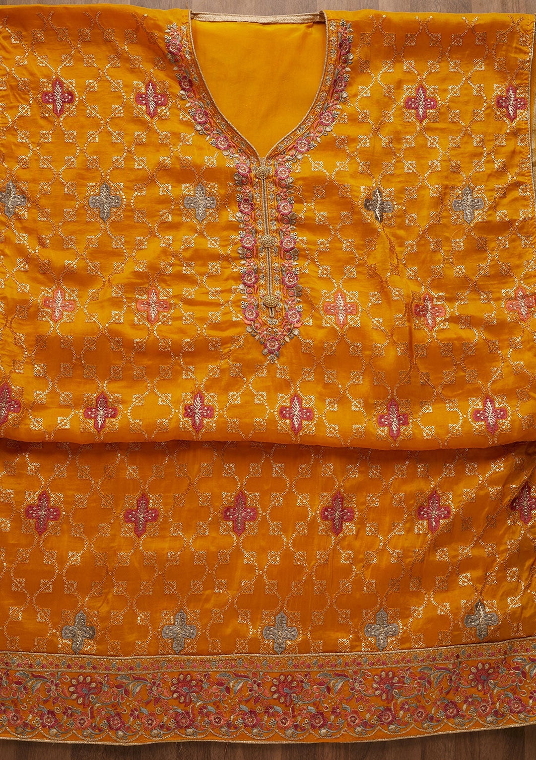 Yellow Threadwork Semi Crepe Unstitched Salwar Suit-Koskii
