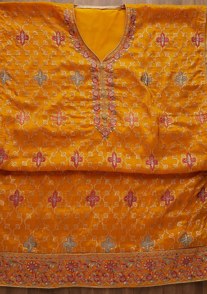 Yellow Threadwork Semi Crepe Unstitched Salwar Suit-Koskii