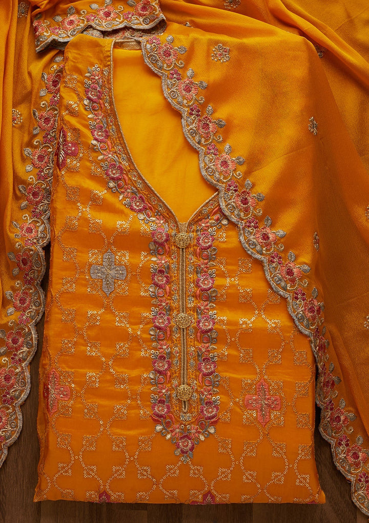 Yellow Threadwork Semi Crepe Unstitched Salwar Suit-Koskii