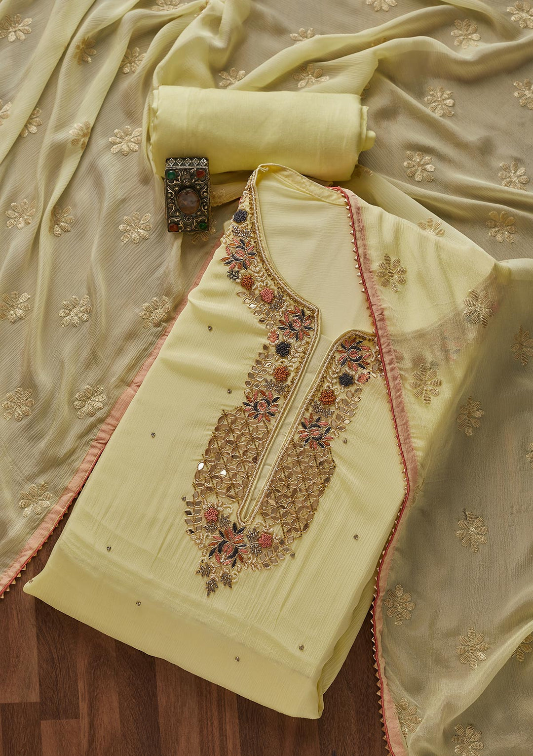 Yellow Zardosi Georgette Designer Semi-Stitched Salwar Suit - Koskii