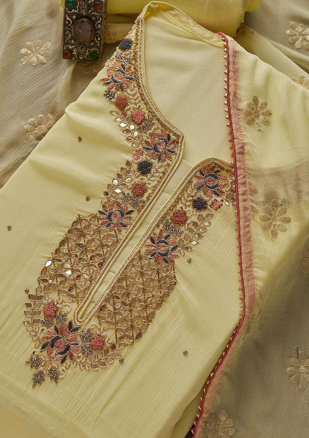 Yellow Zardosi Georgette Designer Semi-Stitched Salwar Suit - Koskii