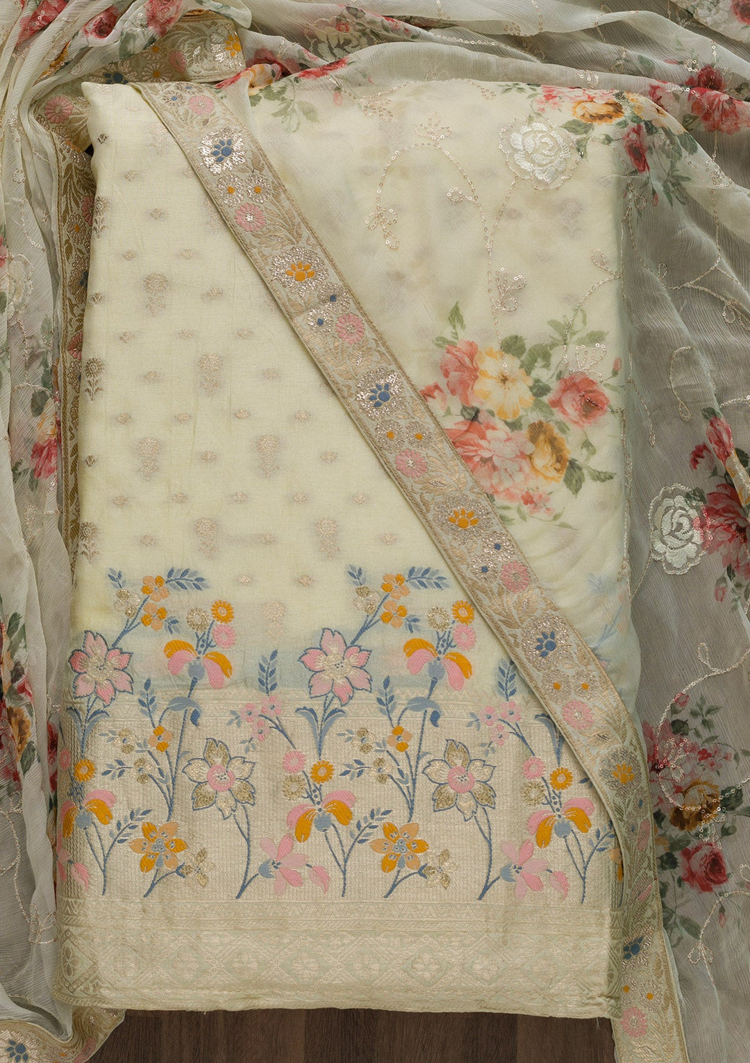 Yellow Zariwork Art Silk Unstitched Salwar Suit-Koskii