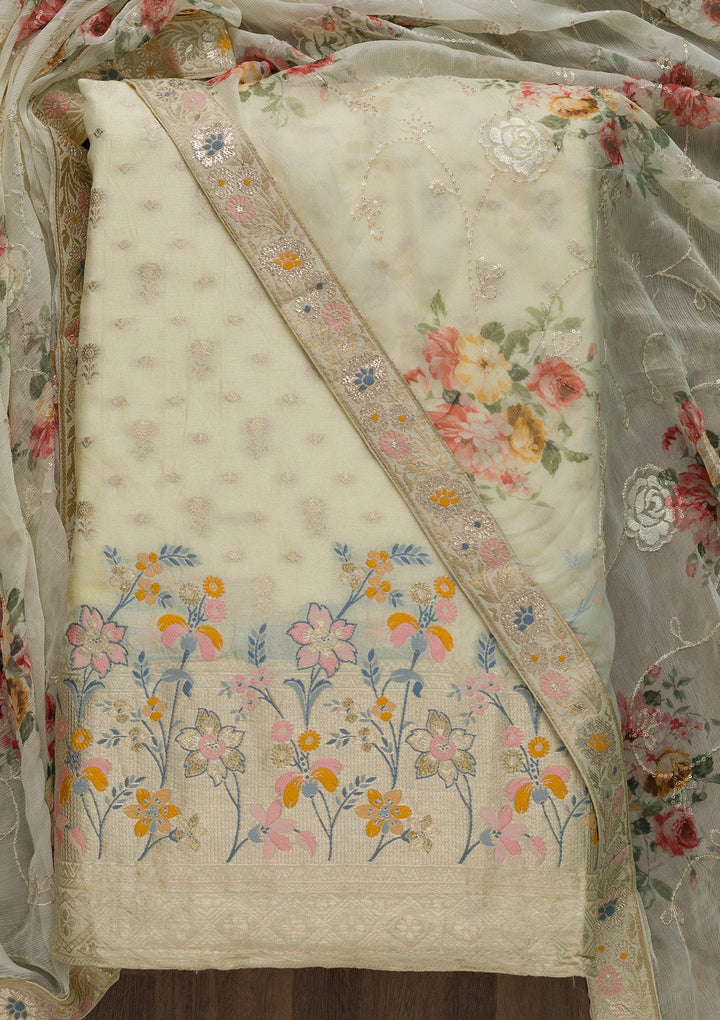 Yellow Zariwork Art Silk Unstitched Salwar Suit-Koskii