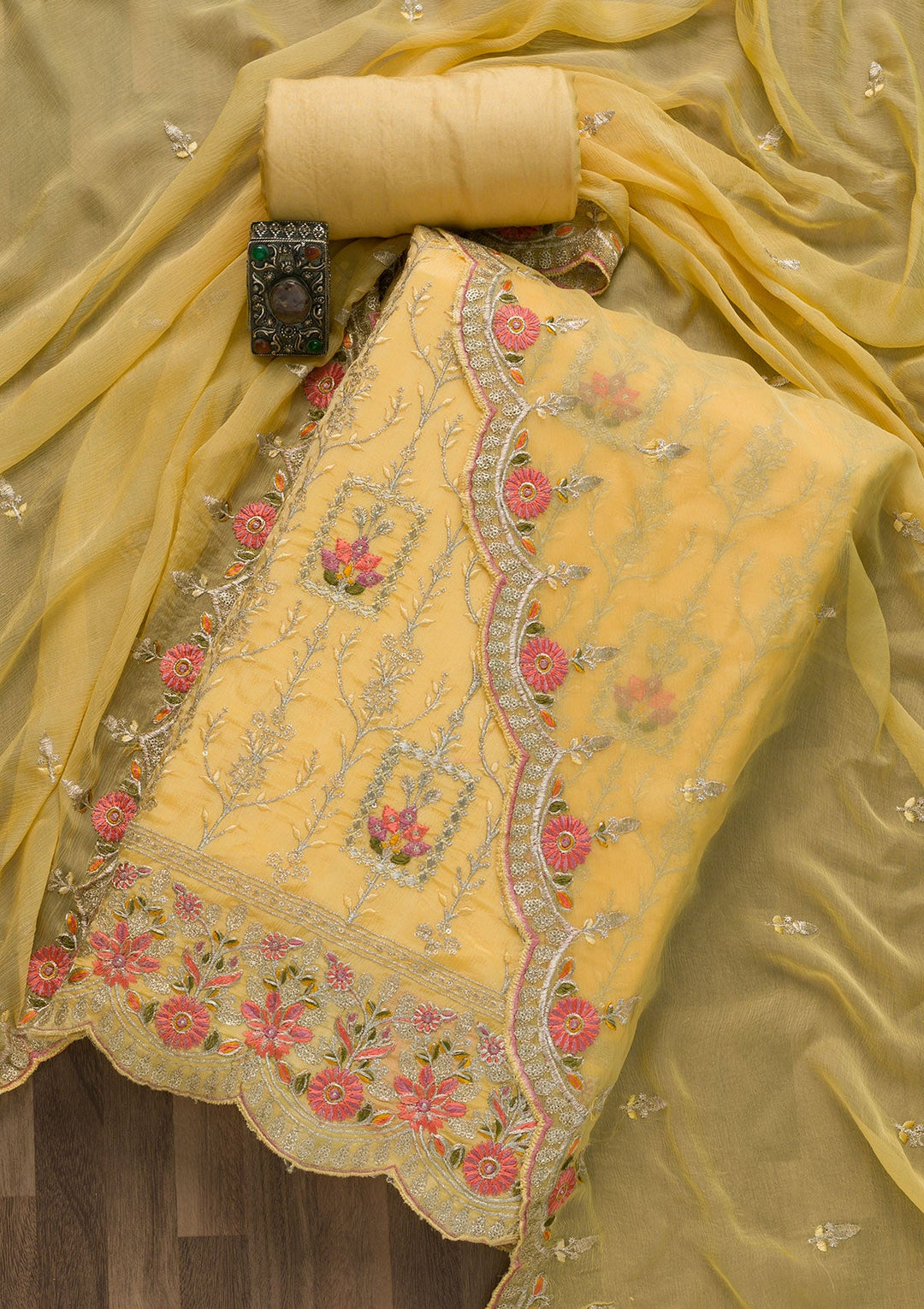 Yellow Zariwork Art Silk Unstitched Salwar Suit-Koskii