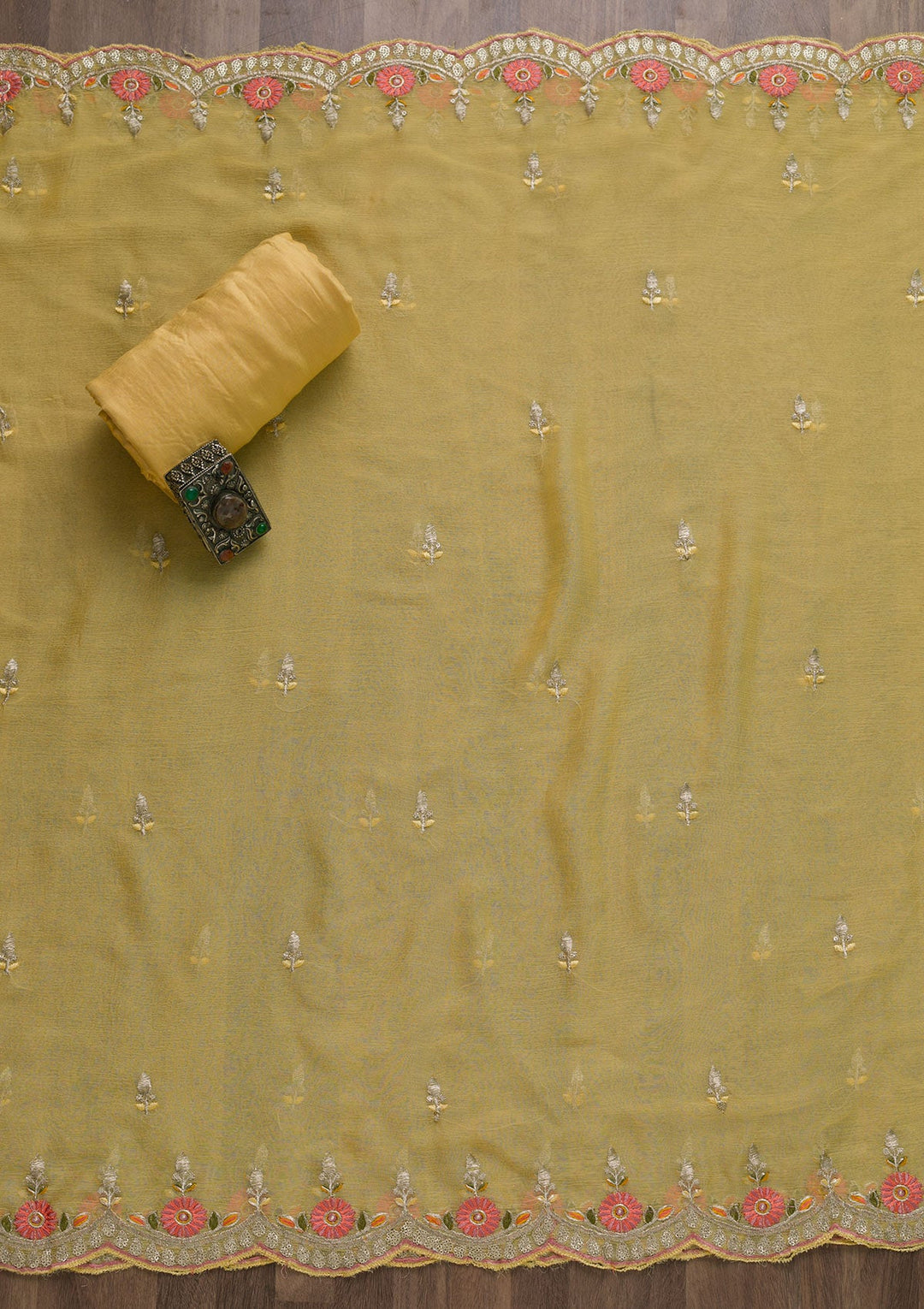 Yellow Zariwork Art Silk Unstitched Salwar Suit-Koskii