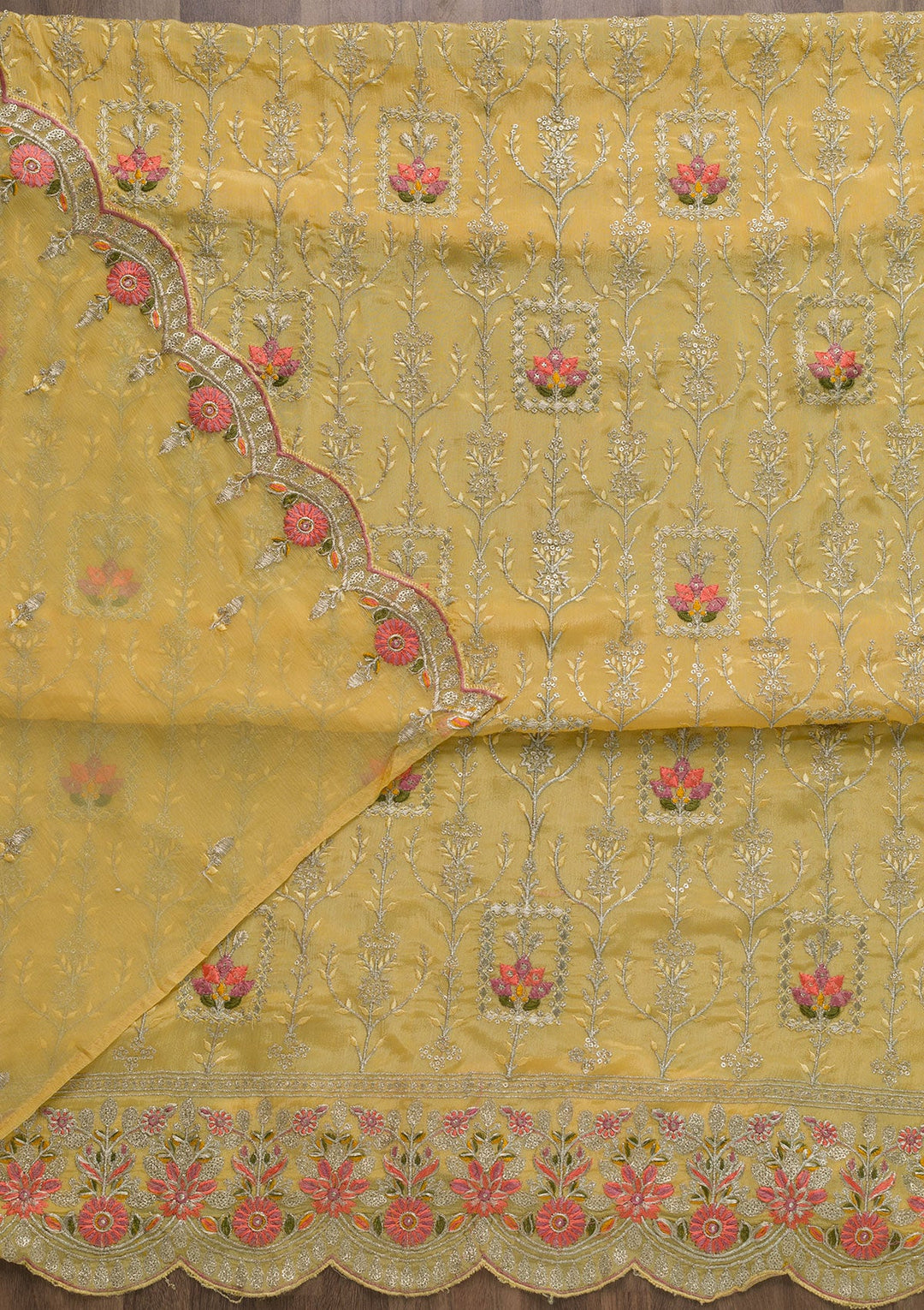 Yellow Zariwork Art Silk Unstitched Salwar Suit-Koskii
