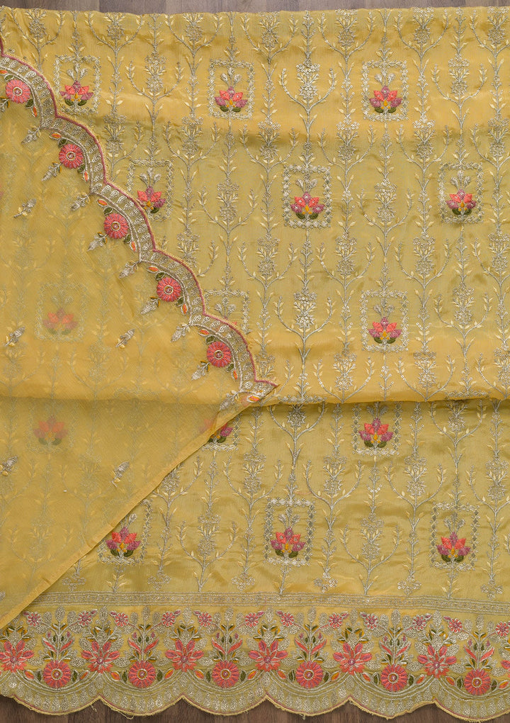 Yellow Zariwork Art Silk Unstitched Salwar Suit-Koskii