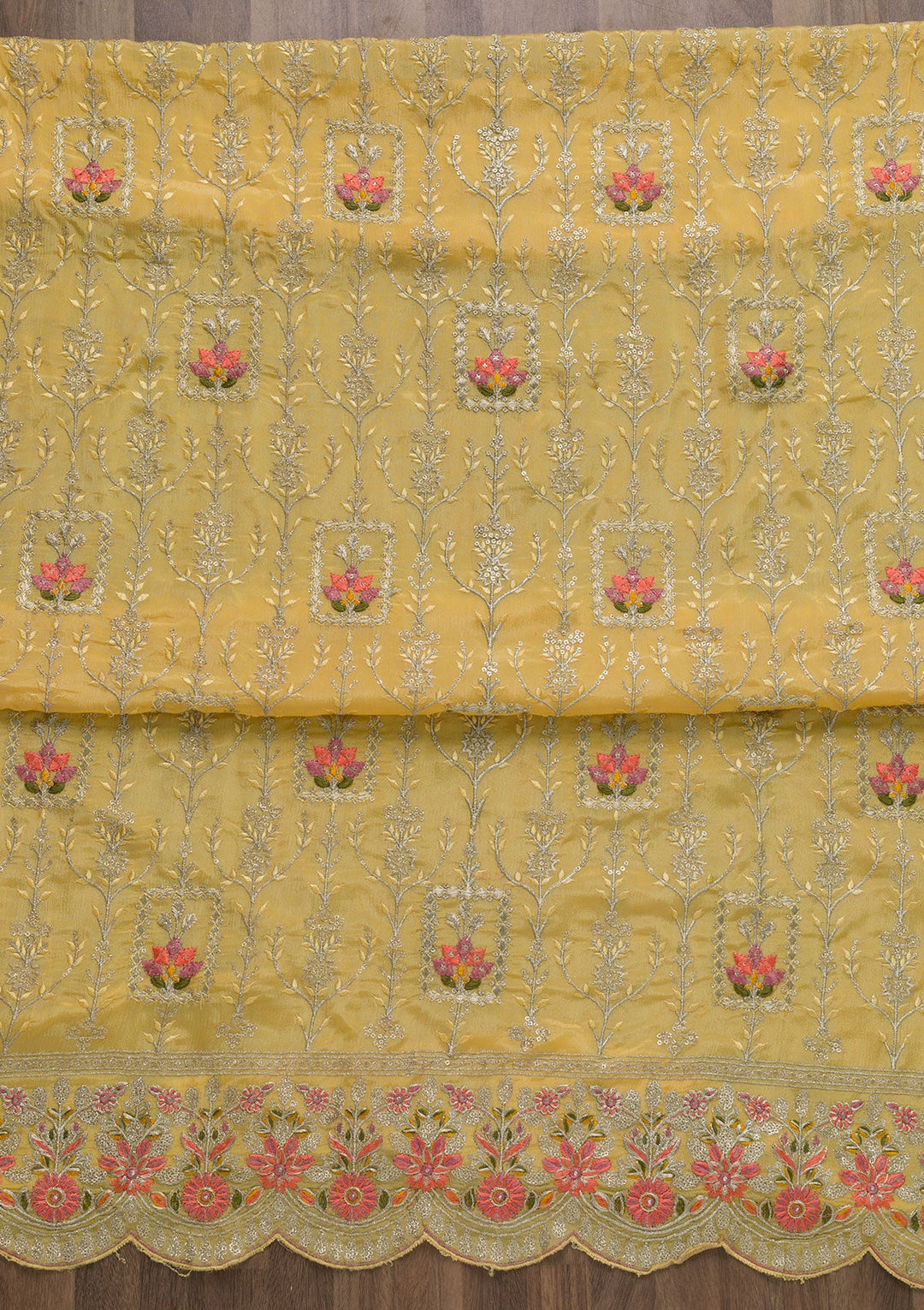 Yellow Zariwork Art Silk Unstitched Salwar Suit-Koskii