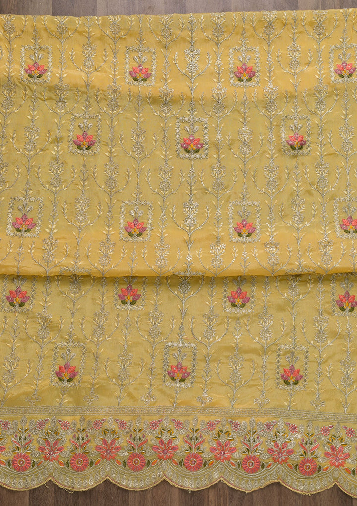 Yellow Zariwork Art Silk Unstitched Salwar Suit-Koskii