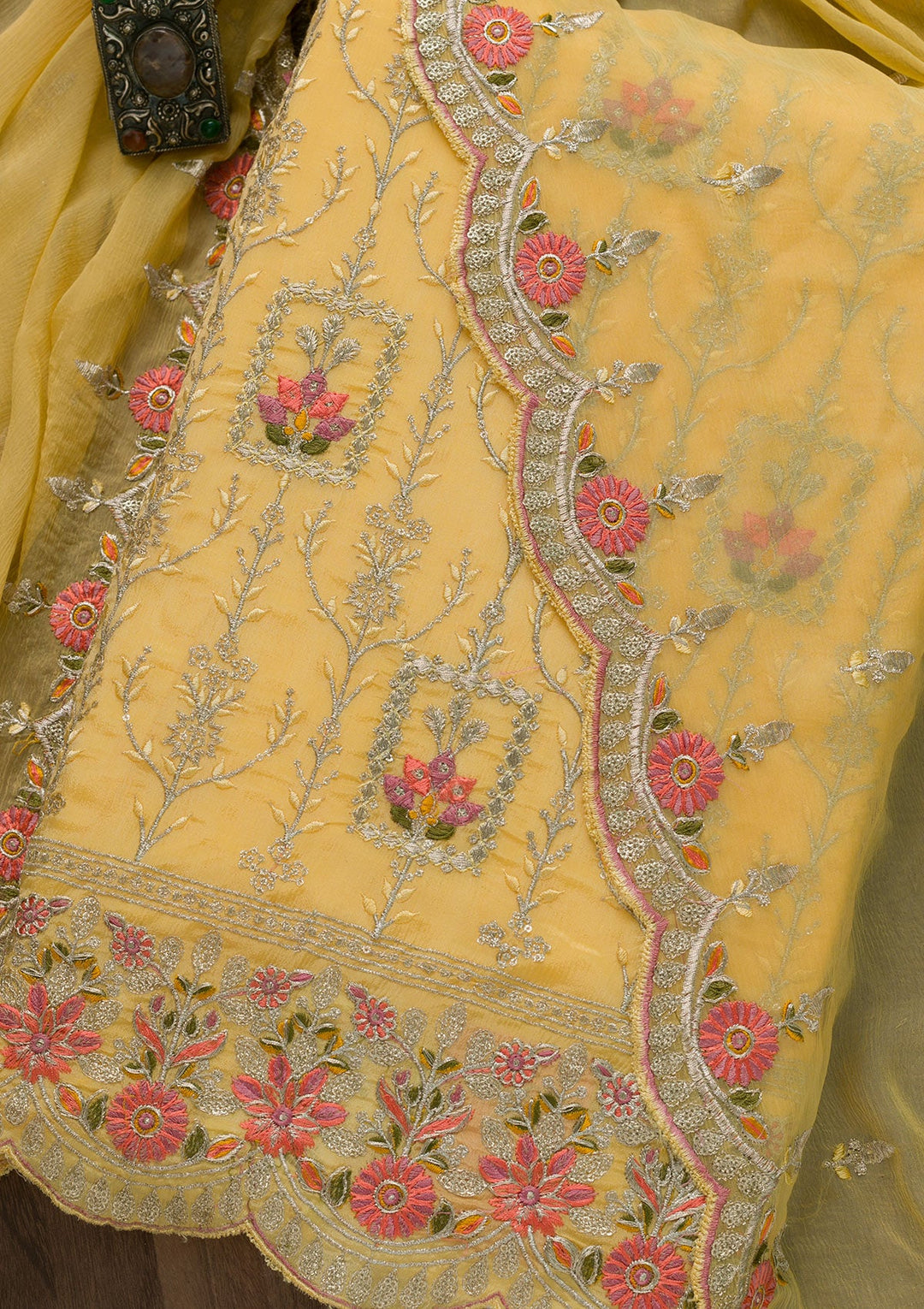 Yellow Zariwork Art Silk Unstitched Salwar Suit-Koskii