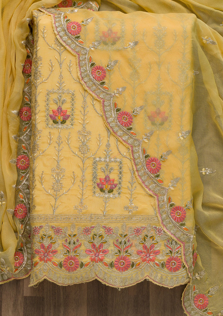 Yellow Zariwork Art Silk Unstitched Salwar Suit-Koskii