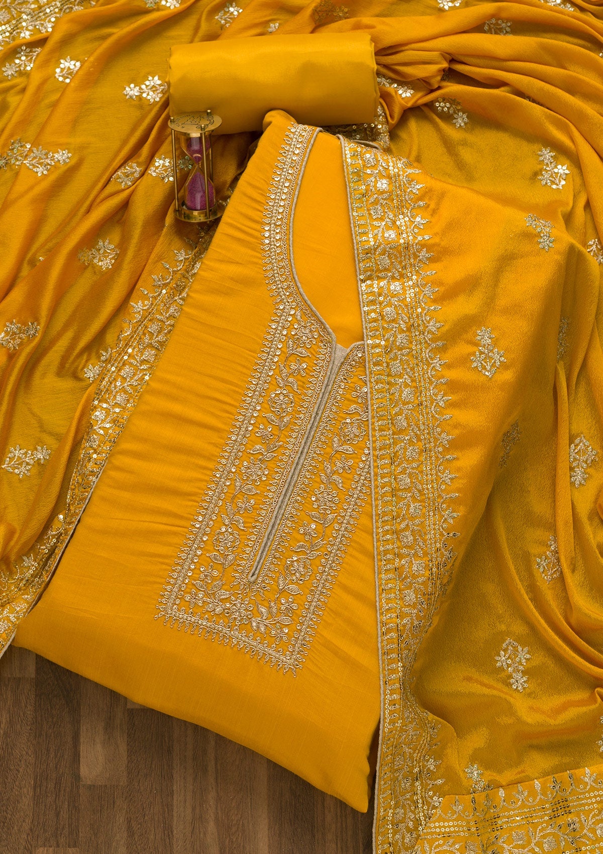 Yellow Zariwork Art Silk Semi-Stitched Salwar Suit-Koskii