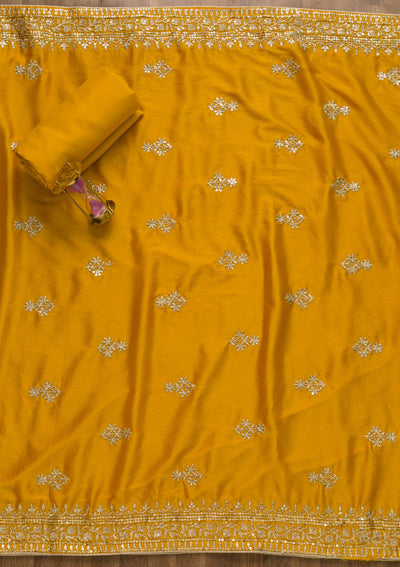 Yellow Zariwork Art Silk Semi-Stitched Salwar Suit-Koskii