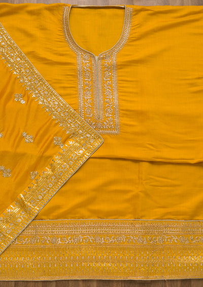 Yellow Zariwork Art Silk Semi-Stitched Salwar Suit-Koskii