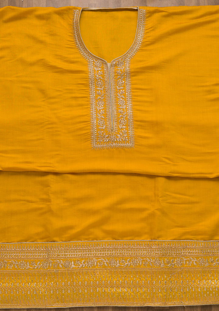 Yellow Zariwork Art Silk Semi-Stitched Salwar Suit-Koskii