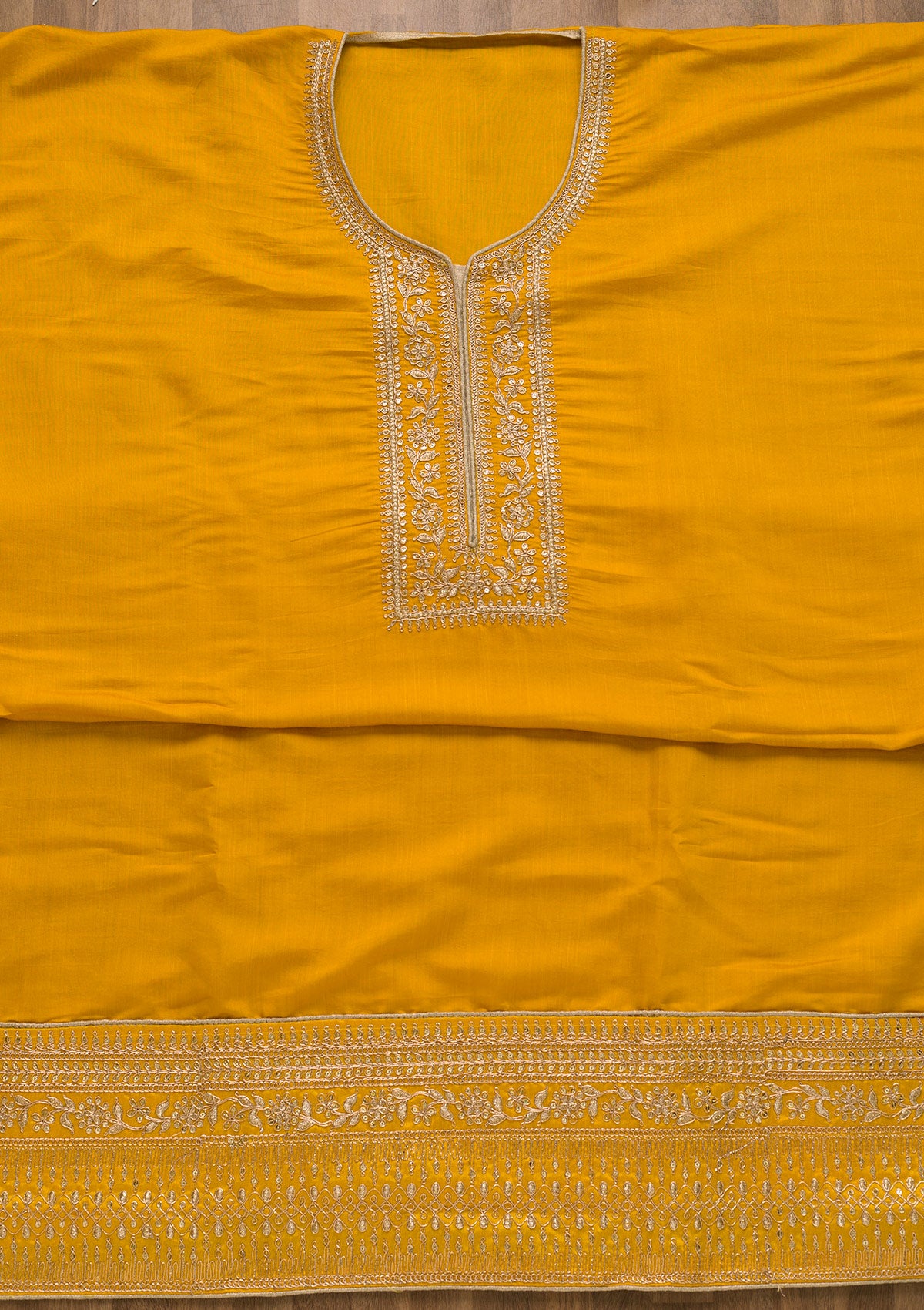 Yellow Zariwork Art Silk Semi-Stitched Salwar Suit-Koskii