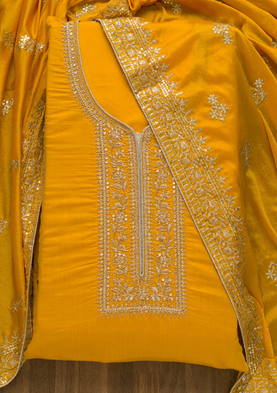 Yellow Zariwork Art Silk Semi-Stitched Salwar Suit-Koskii