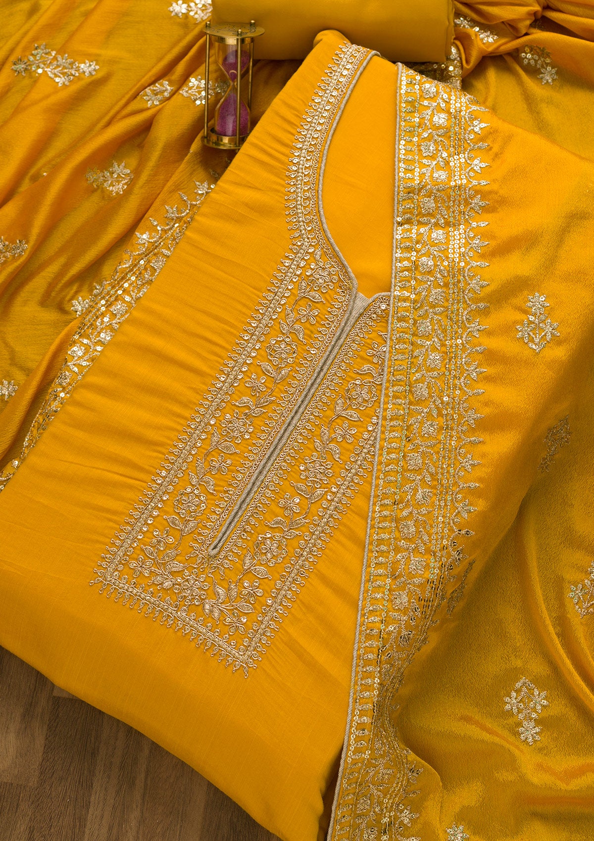 Yellow Zariwork Art Silk Semi-Stitched Salwar Suit-Koskii