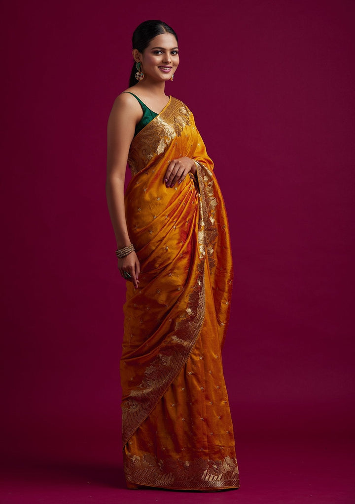 Yellow Zariwork Art Silk Designer Saree - koskii