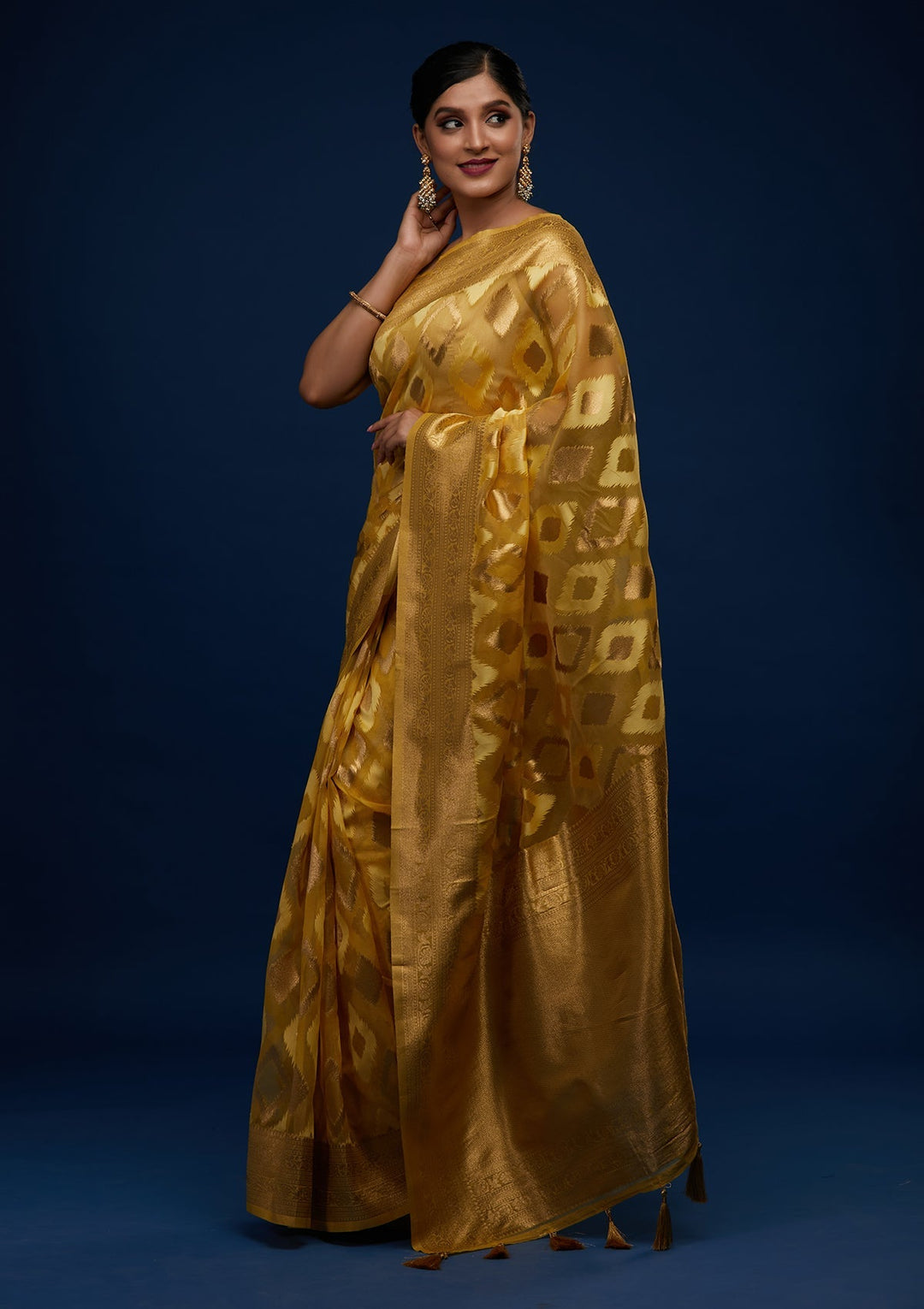 Yellow Zariwork Art Silk Designer Saree - Koskii