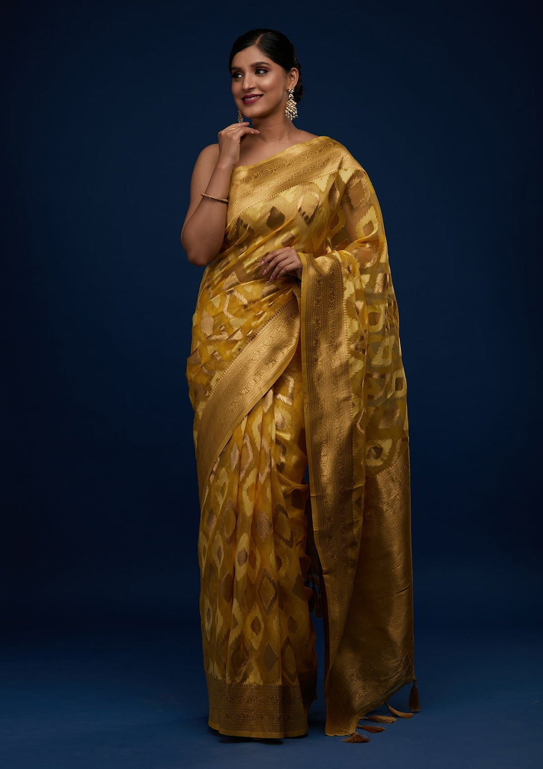 Yellow Zariwork Art Silk Designer Saree - Koskii