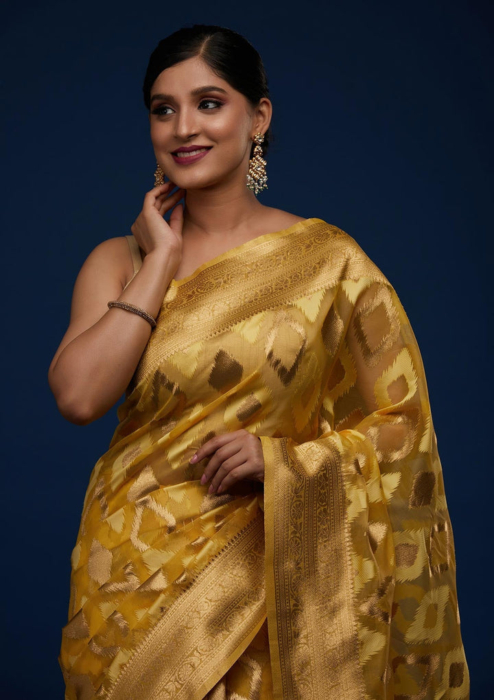 Yellow Zariwork Art Silk Designer Saree - Koskii