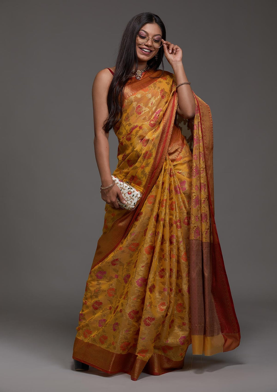 Yellow Zariwork Art Silk Saree-Koskii