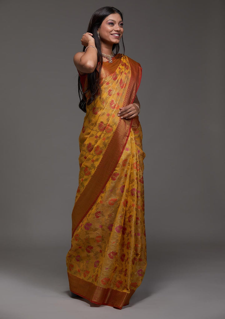 Yellow Zariwork Art Silk Saree-Koskii