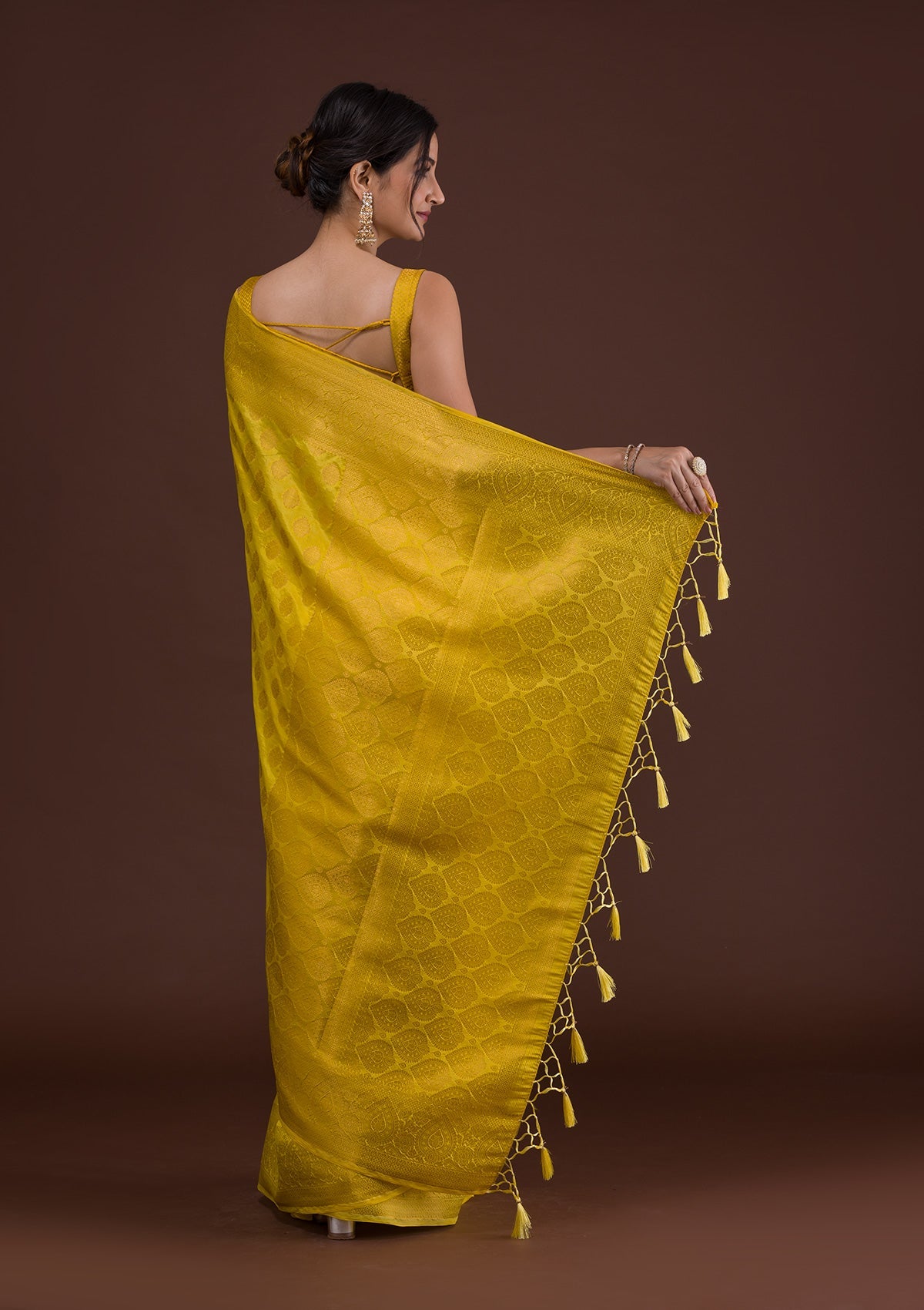 Yellow Zariwork Art Silk Unstitched Saree-Koskii