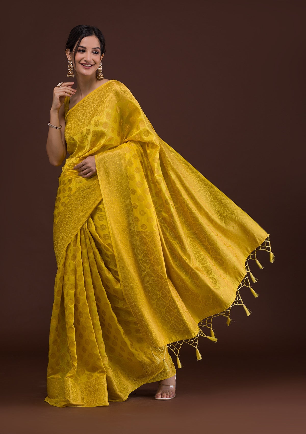 Yellow Zariwork Art Silk Unstitched Saree-Koskii