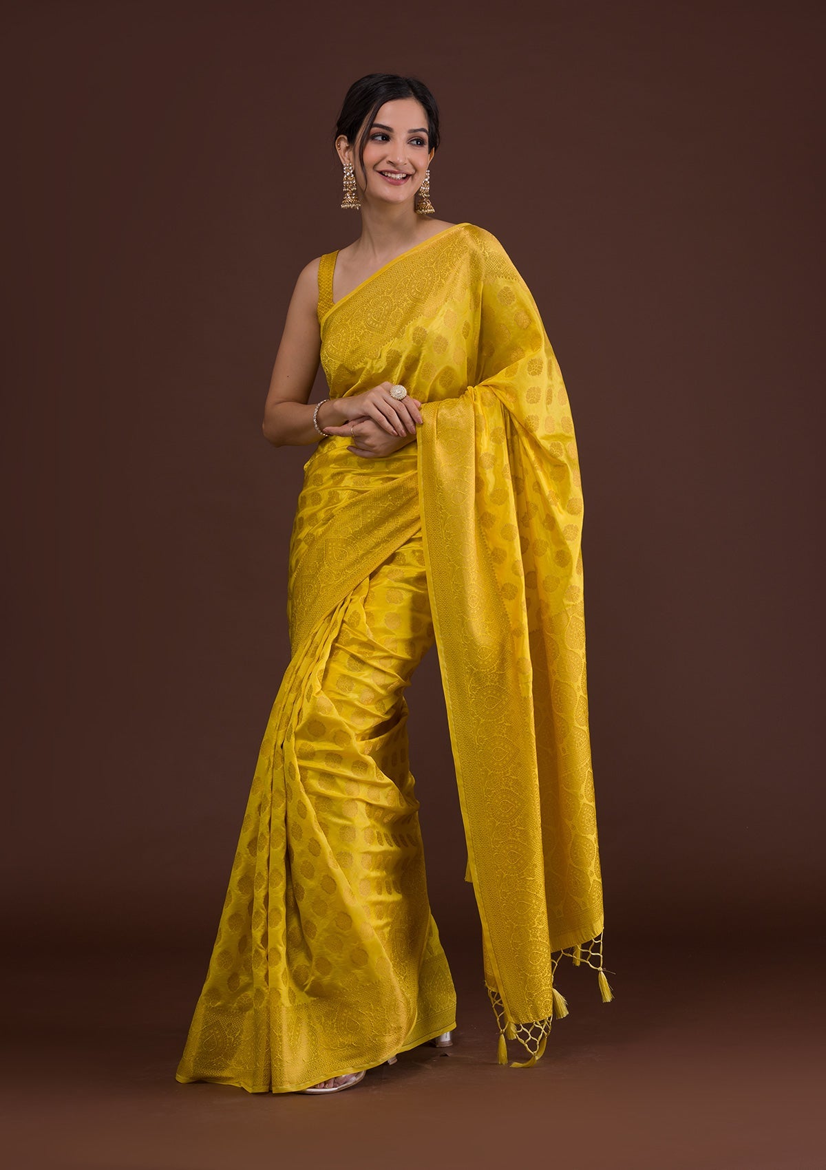 Yellow Zariwork Art Silk Unstitched Saree-Koskii