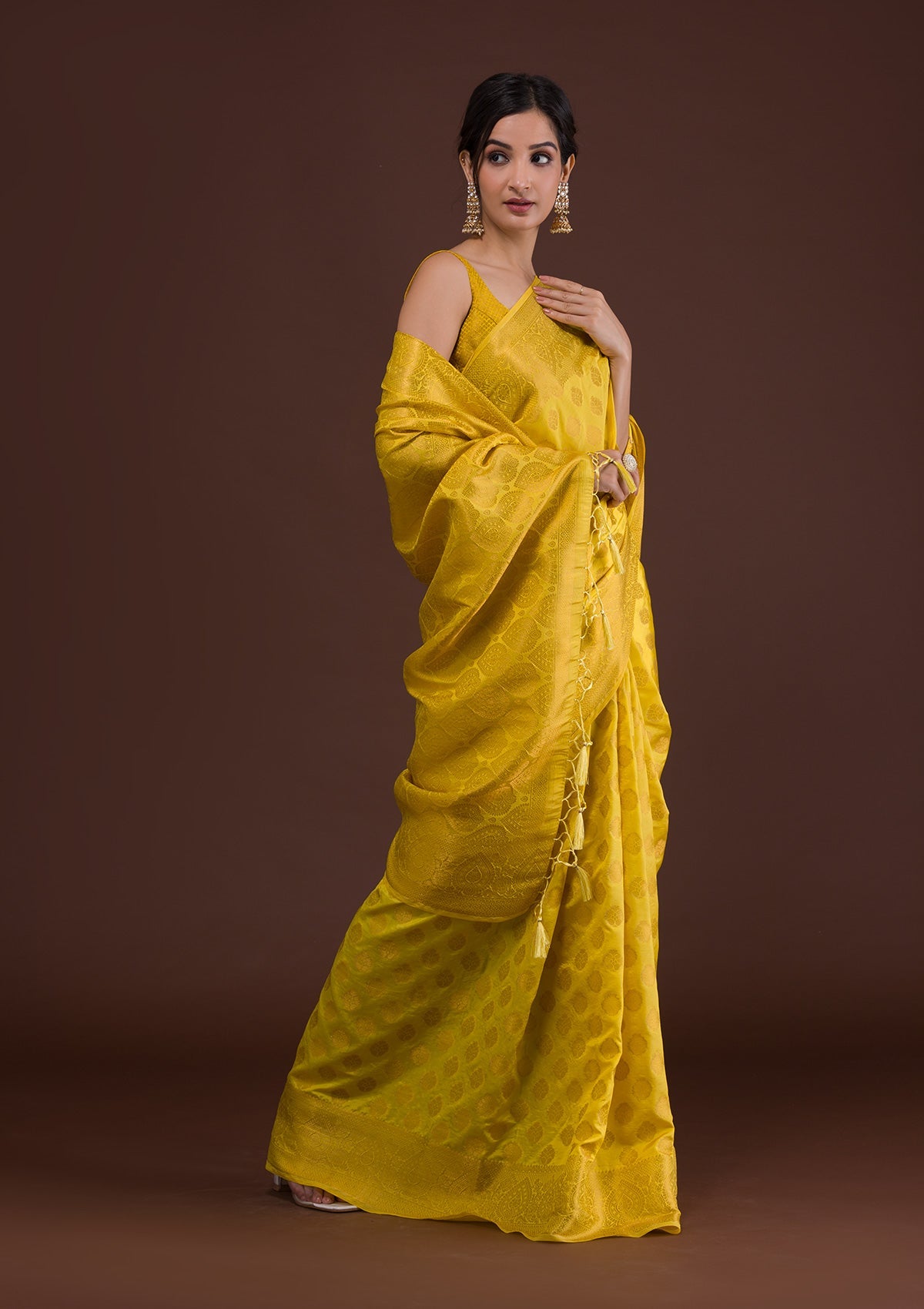 Yellow Zariwork Art Silk Unstitched Saree-Koskii