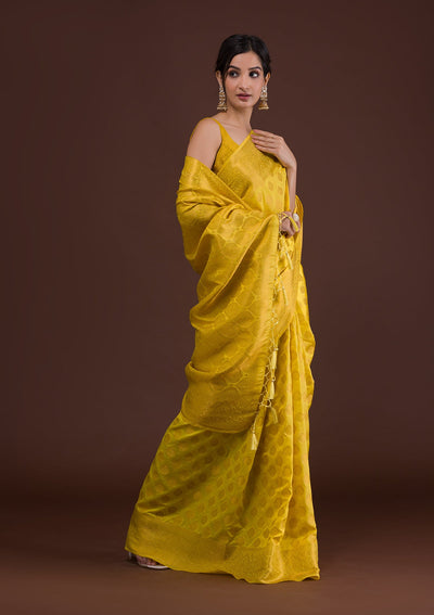 Yellow Zariwork Art Silk Unstitched Saree-Koskii