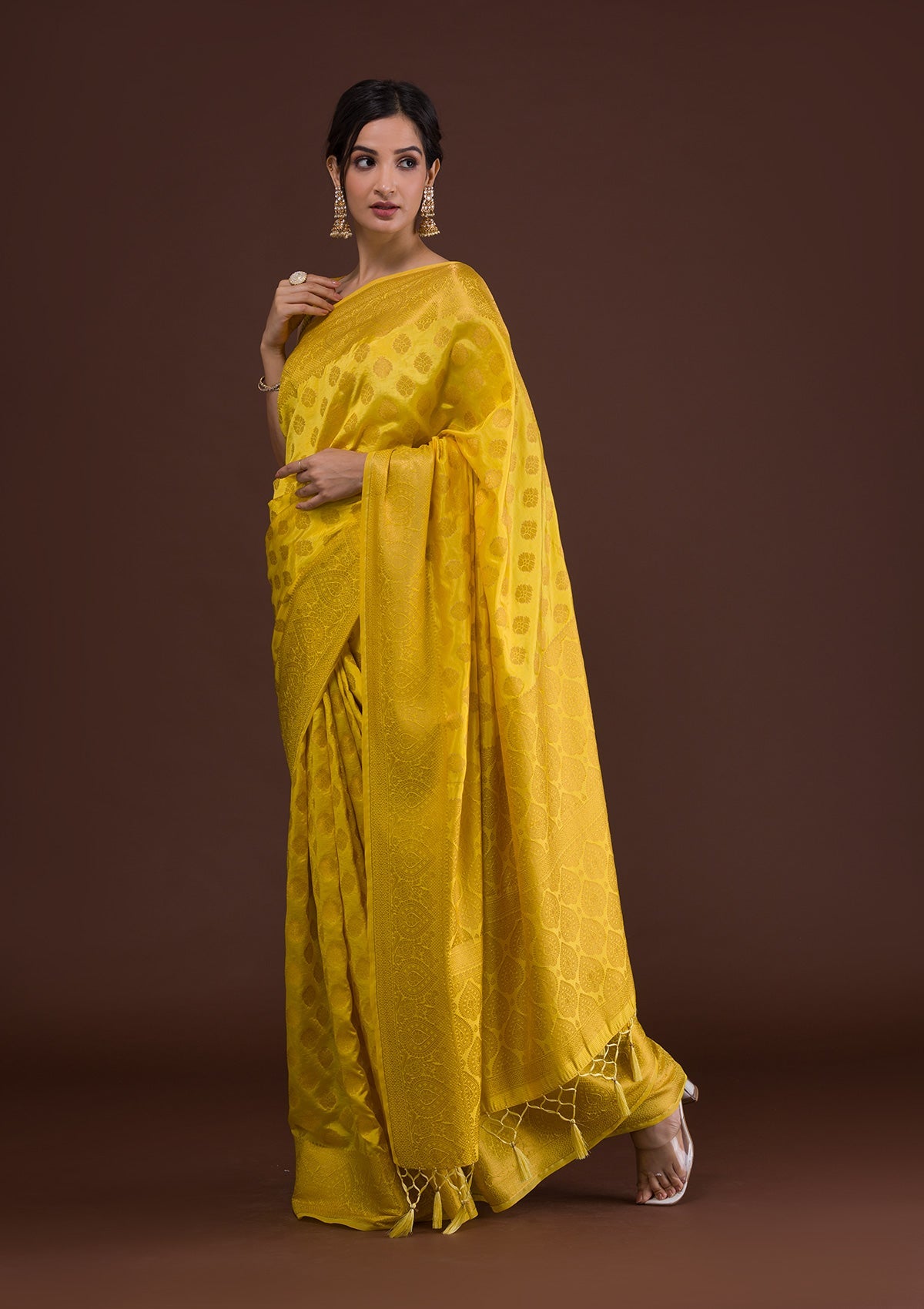 Yellow Zariwork Art Silk Unstitched Saree-Koskii